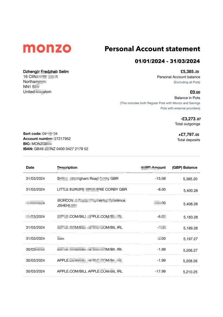 Monzo 银行对账单 Word 和 PDF 模板（版本 2024）