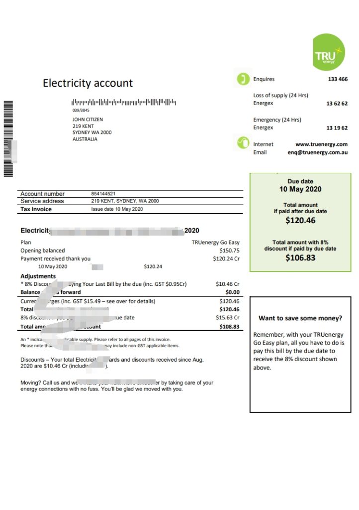 澳大利亚 Tru Energy 电费账单模板（Word 和 PDF 格式）