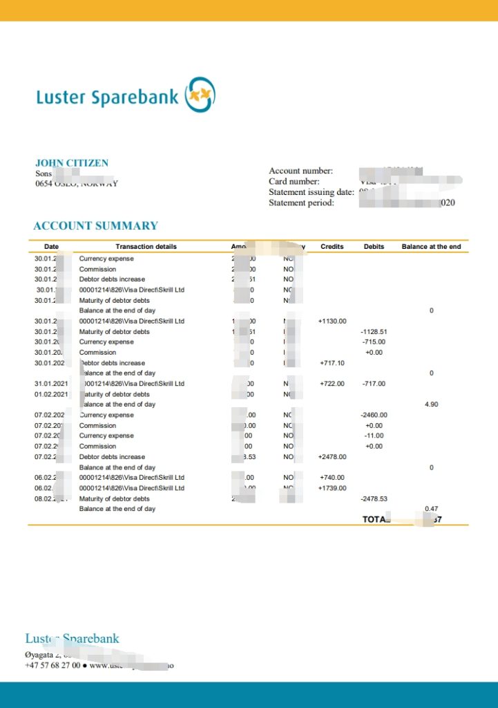 挪威 Luster Sparebank 银行对账单易填写模板（Word 和 PDF 格式）