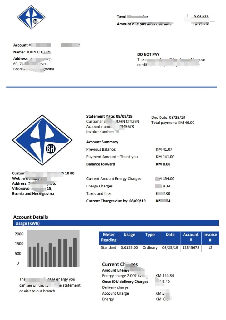 波斯尼亚和黑塞哥维那 Elektroprivreda BiH 电力账单模板