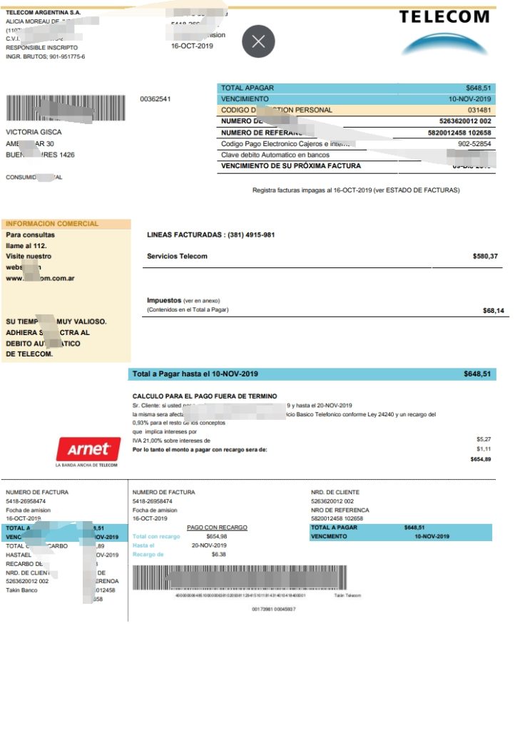 阿根廷电信公用事业账单模板（Word 和 PDF 格式）