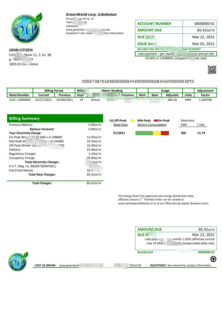 乌兹别克斯坦 GREENWORLD 公用事业账单模板