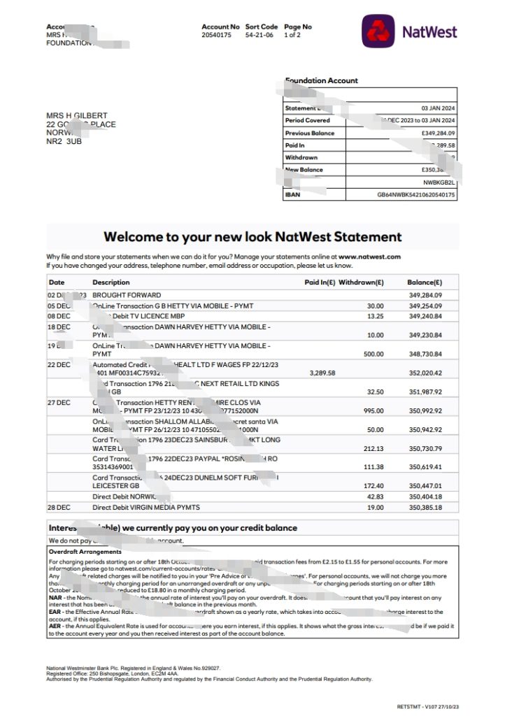 英国 NatWest 银行对账单模板（Version2024）