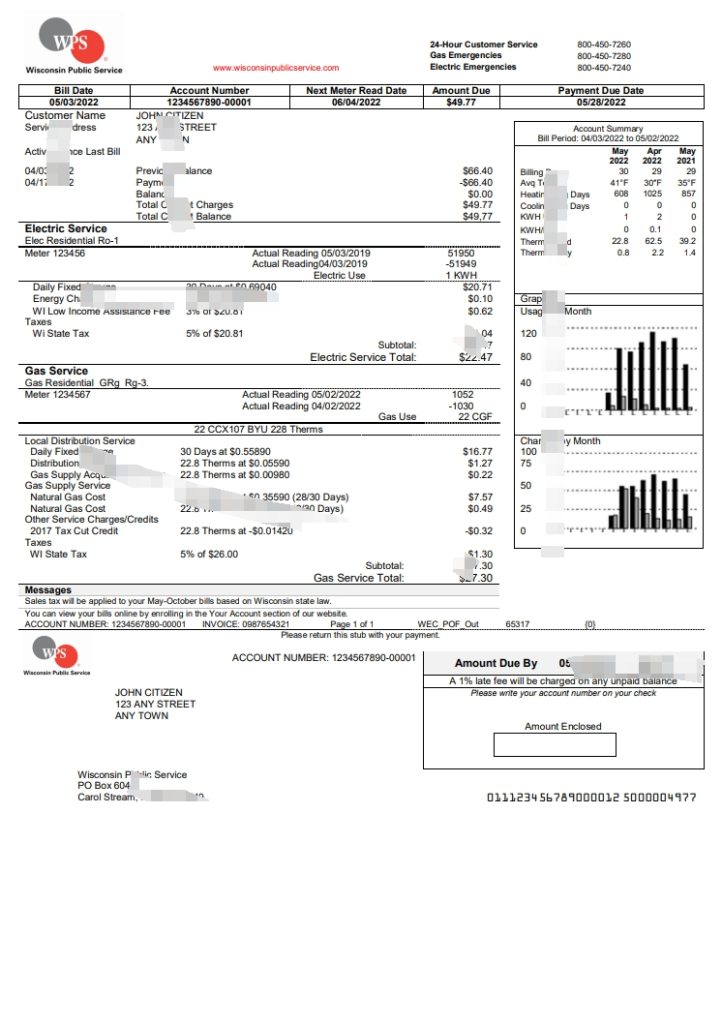 美国威斯康星州 We Energies 电费账单模板