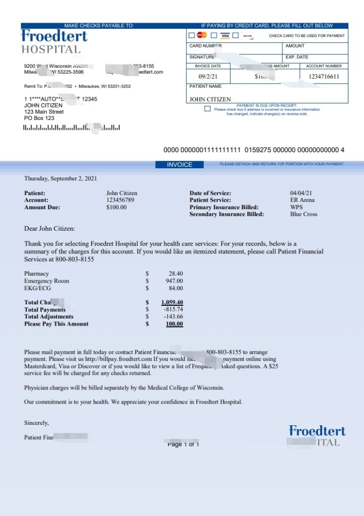 美国 Froedtert 医院发票 Word 和 PDF 模板