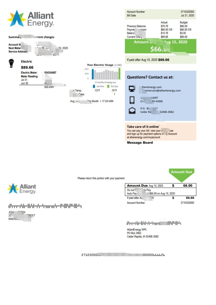 美国威斯康星州 Allian Energy 电费账单模板