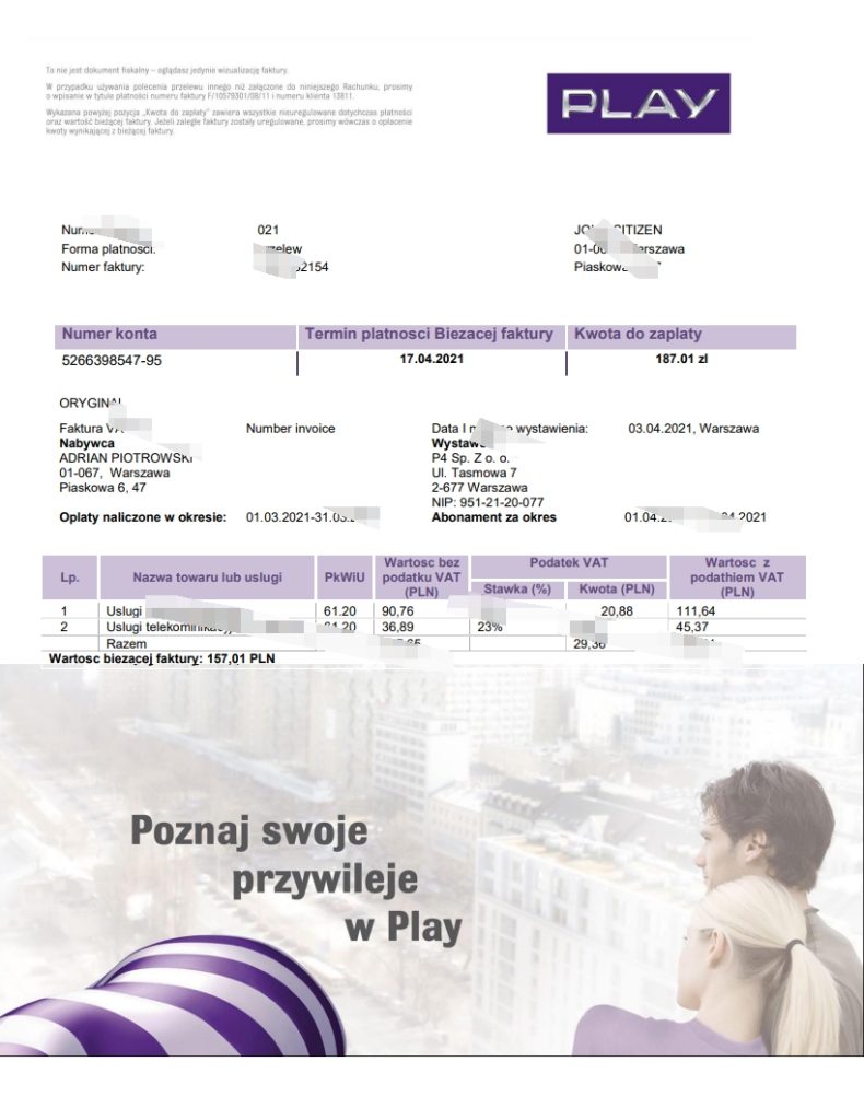 波兰 Play 公用事业账单模板（Word 和 PDF 格式）（版本 2）