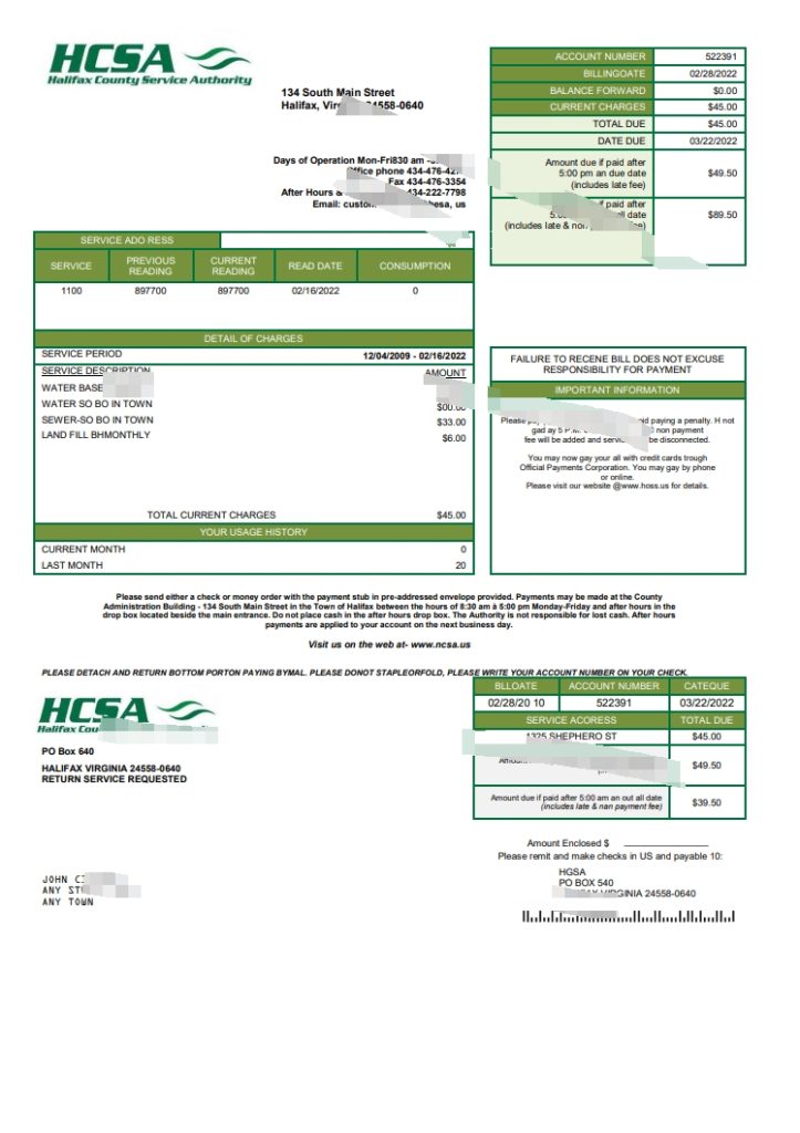 美国弗吉尼亚州 HCSA 公用事业账单模板（Word 和 PDF 格式）