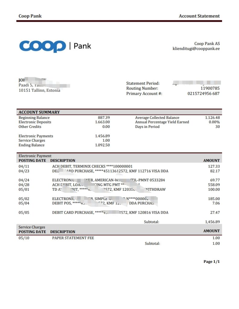 爱沙尼亚 Coop Pank 银行对账单模板