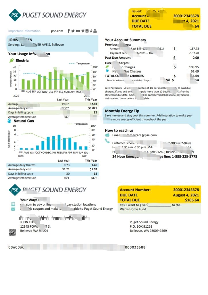 美国华盛顿普吉特海湾能源公用事业账单模板（Word 和 PDF 格式）