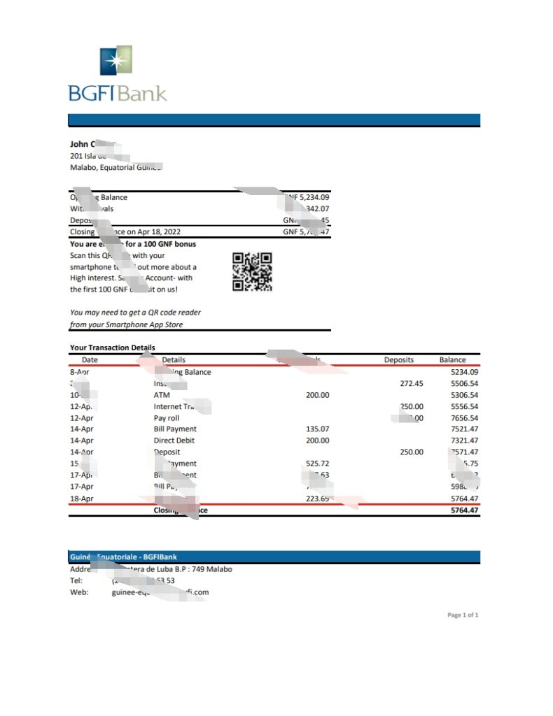赤道几内亚 BGFI 银行对账单 Excel 和 PDF 模板