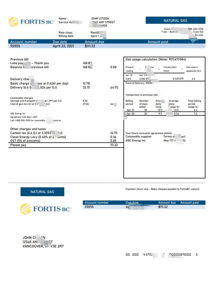 加拿大不列颠哥伦比亚省 FortisBC 公用事业账单模板