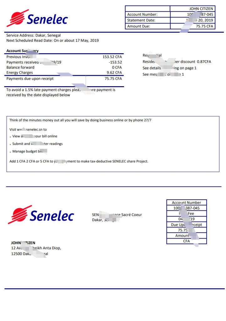 塞内加尔Senelec Agence Sacre Coeur公司电费账单模板