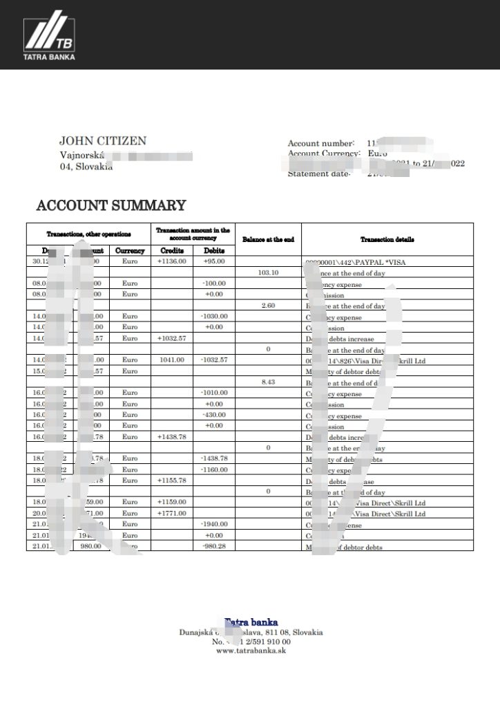 斯洛伐克 Tatra 银行对账单模板（Word 和 PDF 格式）