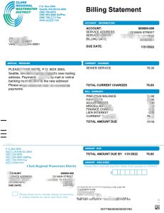 美国华盛顿克拉克区域污水处理区水电费账单Word和PDF模板USA Washington Clark Regional Wastewater District utility bill Word and PDF template-帮司令