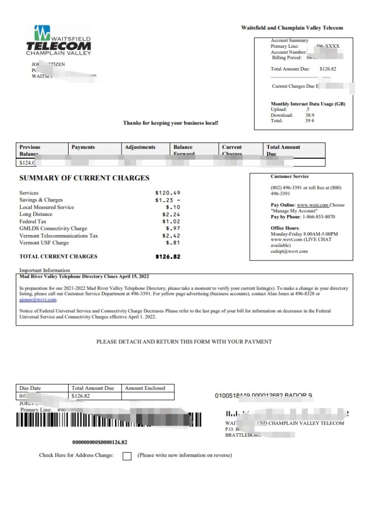 美国 Waitsfield Telecom 公用事业账单模板（Word 和 PDF 格式）