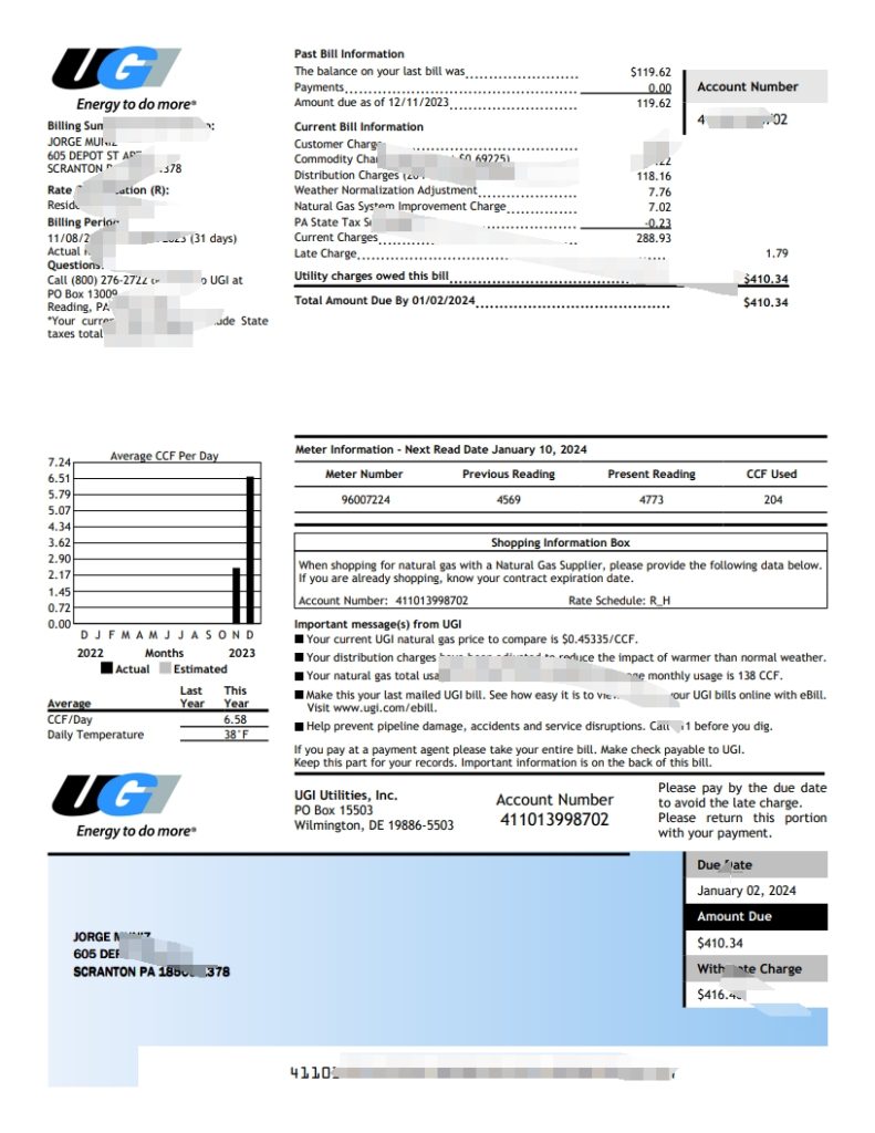 美国 UGI 能源公用事业账单 Word 和 PDF 格式（2024 年版本）