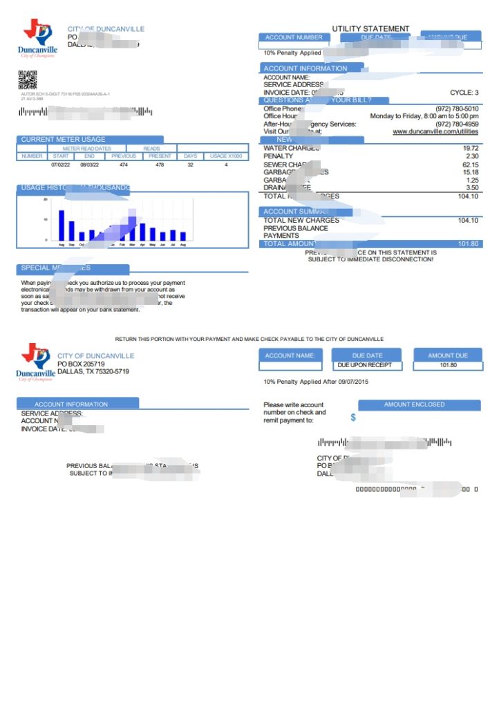 美国德克萨斯州邓肯维尔市水电费账单模板（Word 和 PDF 格式）USA Texas City of Duncanville utility bill template in Word and PDF format-帮司令