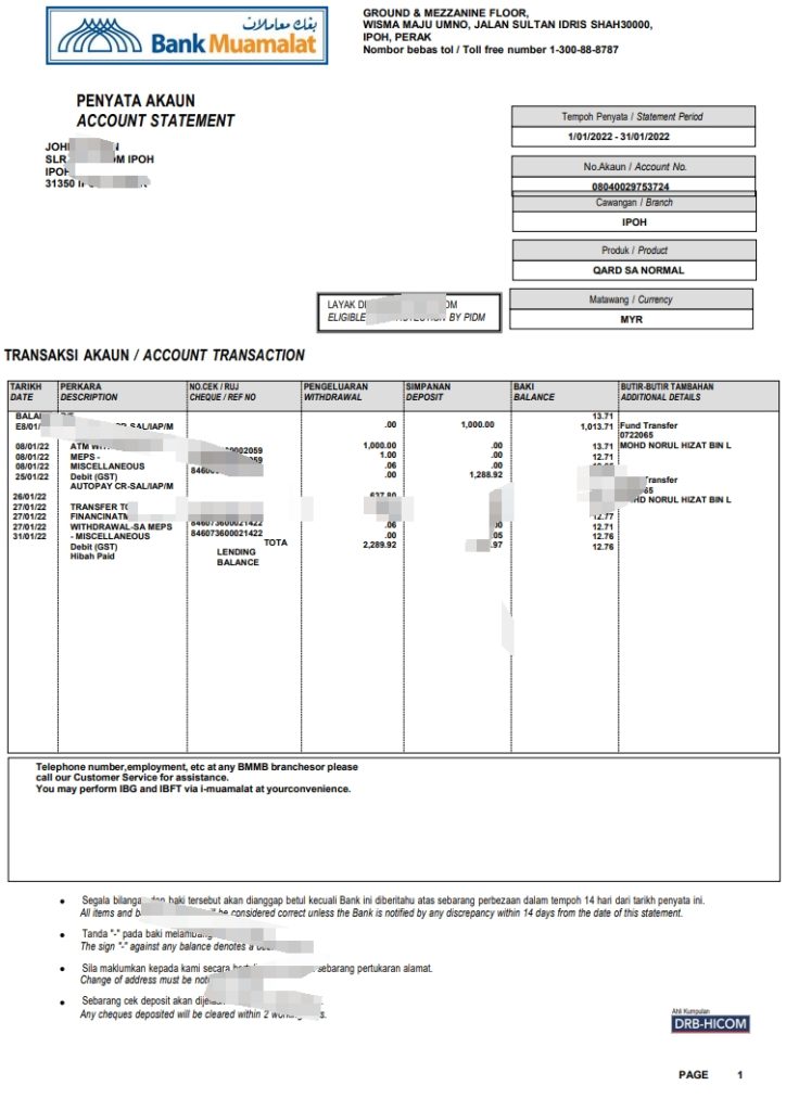 马来西亚 Meamulat 银行对帐单 Word 和 PDF 模板