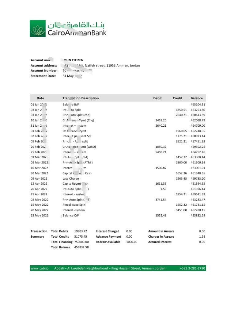 约旦开罗安曼银行对帐单 Excel 和 PDF 模板