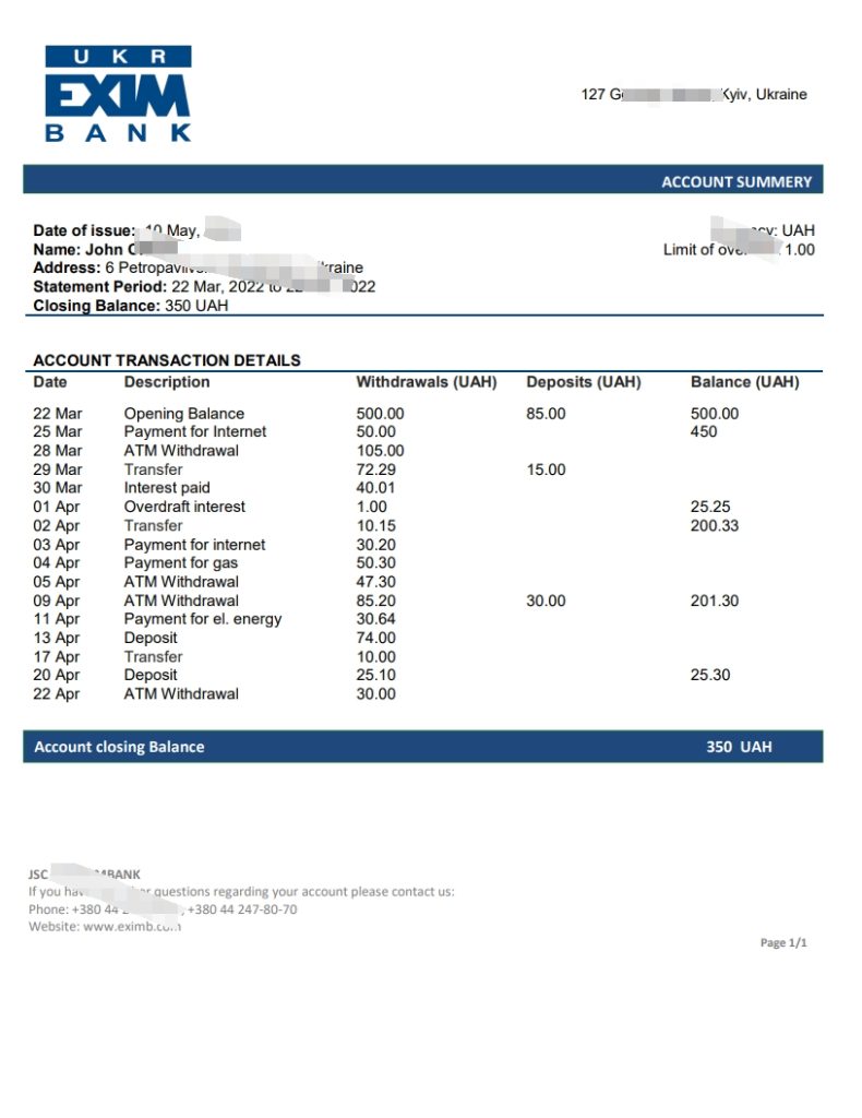 乌克兰 Ukreximbank 银行对账单 Word 和 PDF 模板