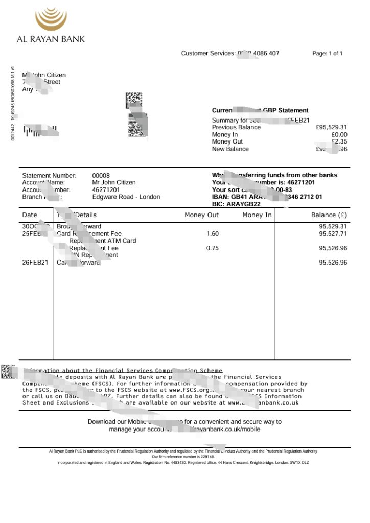 英国 Al Rayan 银行对帐单 Word 和 PDF 模板