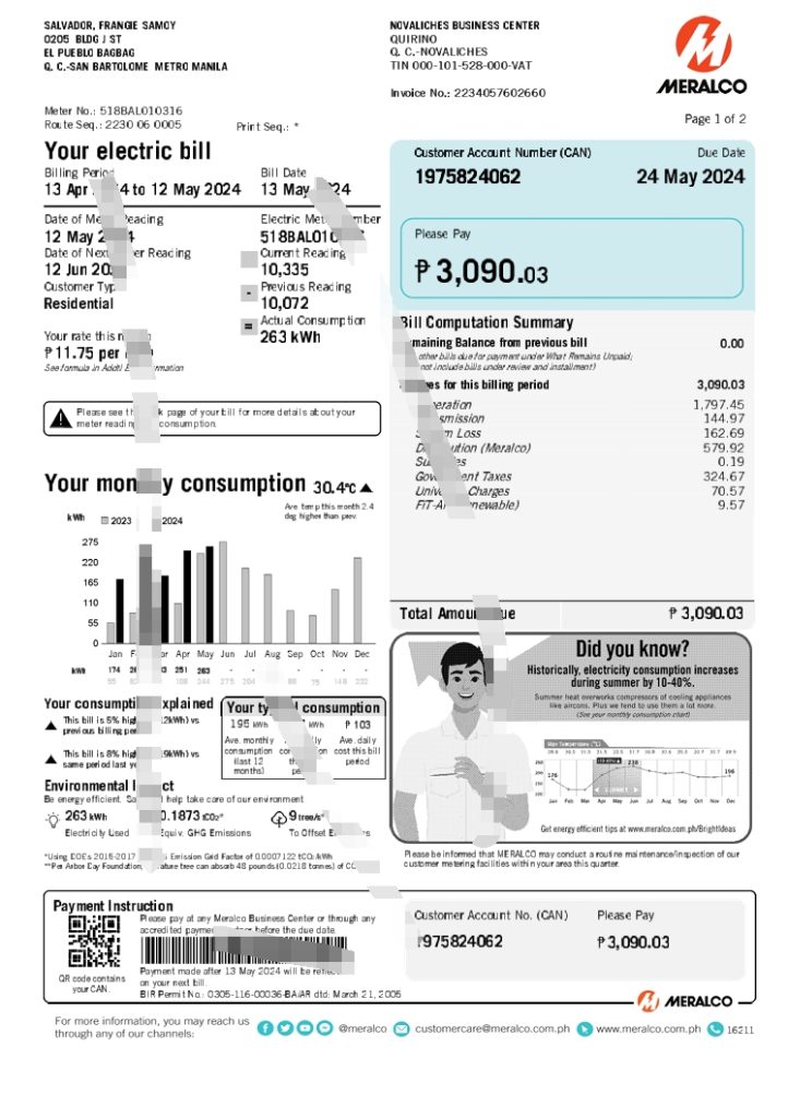 菲律宾 Meralco 公用事业账单模板（Word 格式）（2024 版）