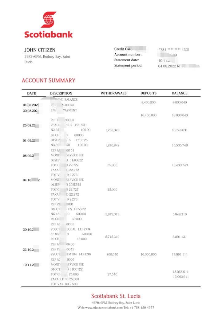 圣卢西亚丰业银行银行对帐单 Word 和 PDF 模板