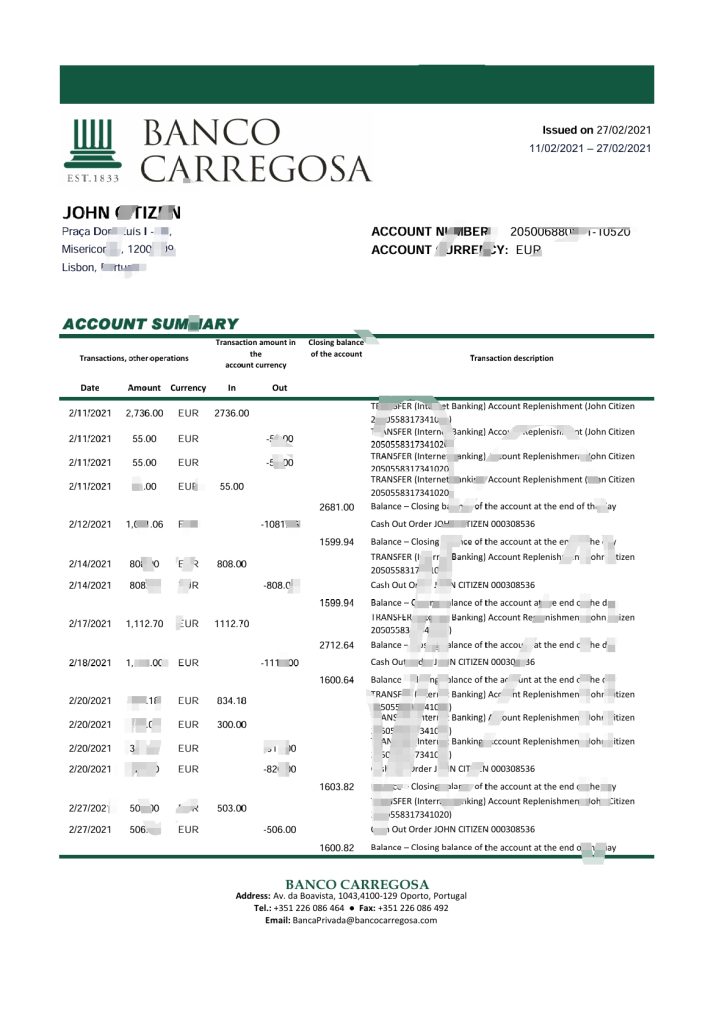 葡萄牙 Banco Carregosa 银行对账单 Excel 和 PDF 模板