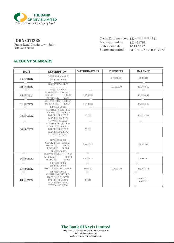 圣基茨和尼维斯尼维斯银行银行对帐单 Word 和 PDF 格式模板