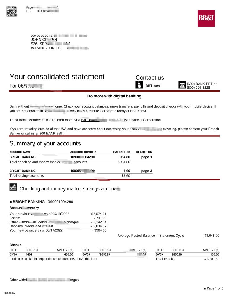 美国华盛顿 BB&T 银行对帐单 Word 和 PDF 模板（5 页）