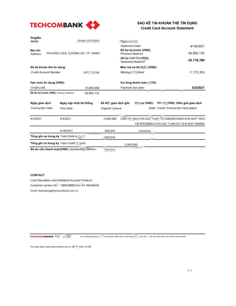 越南 Techcombank Bbank 报表 Excel 和 PDF 模板