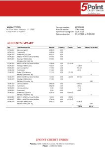 美国德克萨斯州 5Point 信用合作社银行对帐单模板USA Texas 5Point Credit Union Bank Statement Template-帮司令