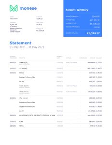 英国 Monese 银行对账单 Word 和 PDF 模板（共2 页只展示首页）United Kingdom Monese Bank Statement Word And PDF Template (2 pages)-帮司令