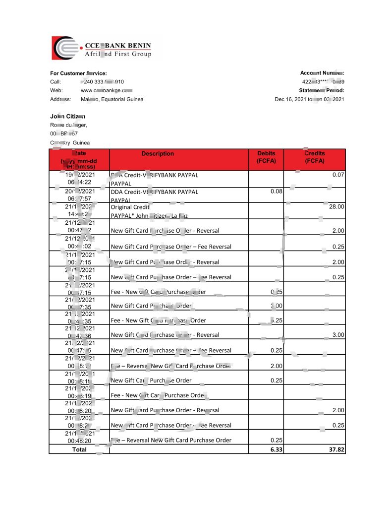赤道几内亚 CCEI 银行贝宁银行对账单 Excel 和 PDF 模板