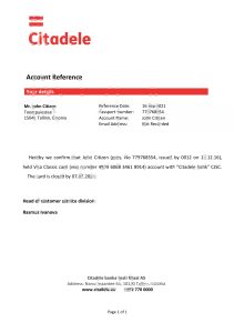 爱沙尼亚 Citadele 银行 Eesti filiaal AS 银行推荐信模板Estonia Citadele banka Eesti filiaal AS Bank Reference Letter Template-帮司令