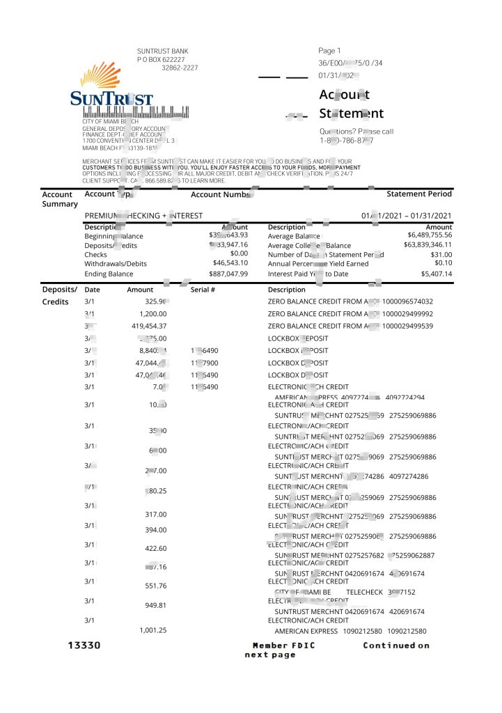 美国 SunTrust 银行对帐单 Excel 和 PDF 模板