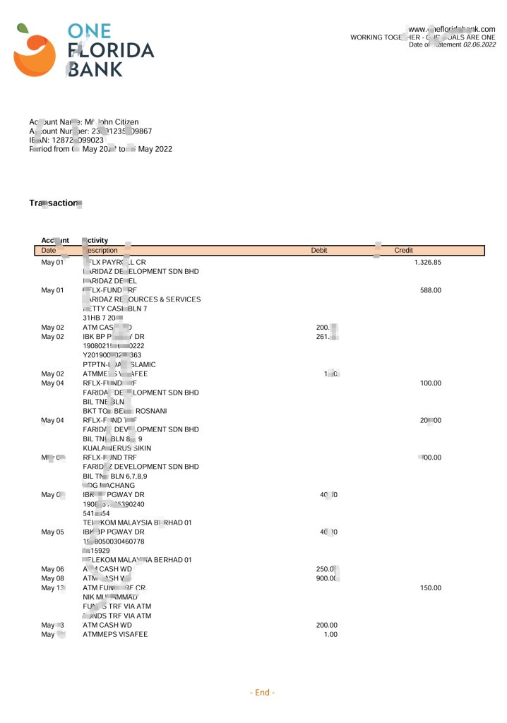 美国佛罗里达州银行对账单Word和PDF模板