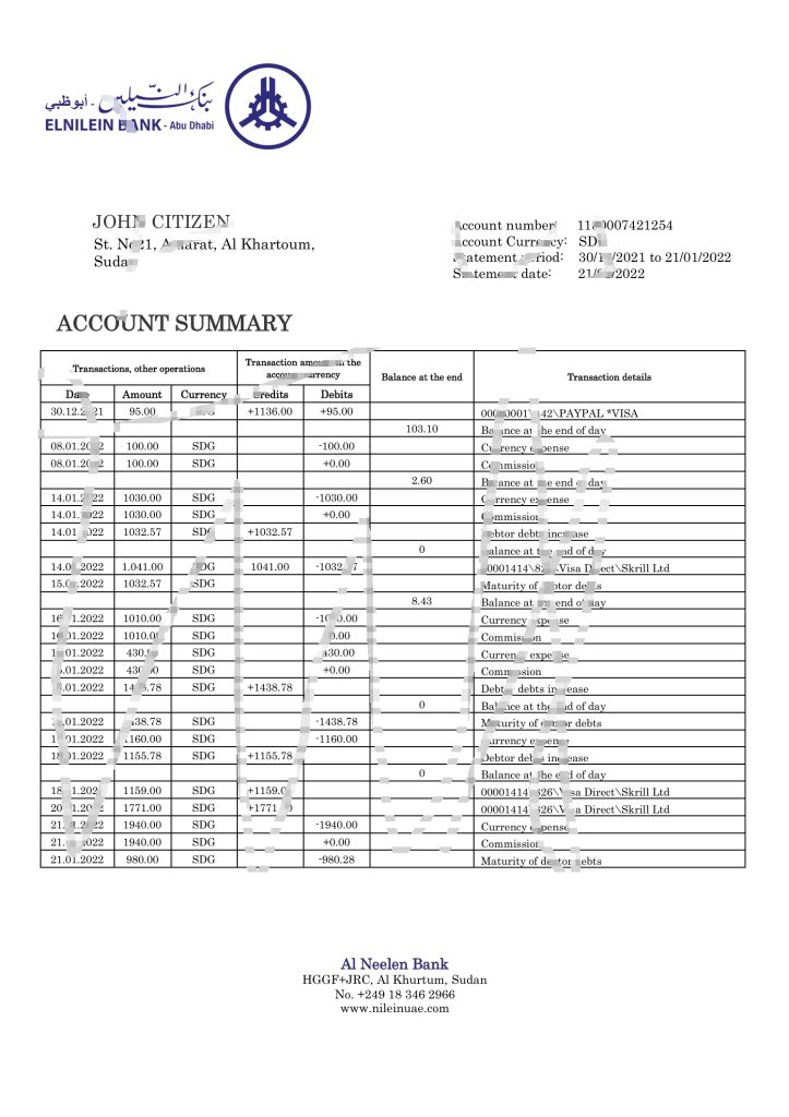 苏丹 Al Neelen 银行银行对帐单 Word 和 PDF 模板版本 2