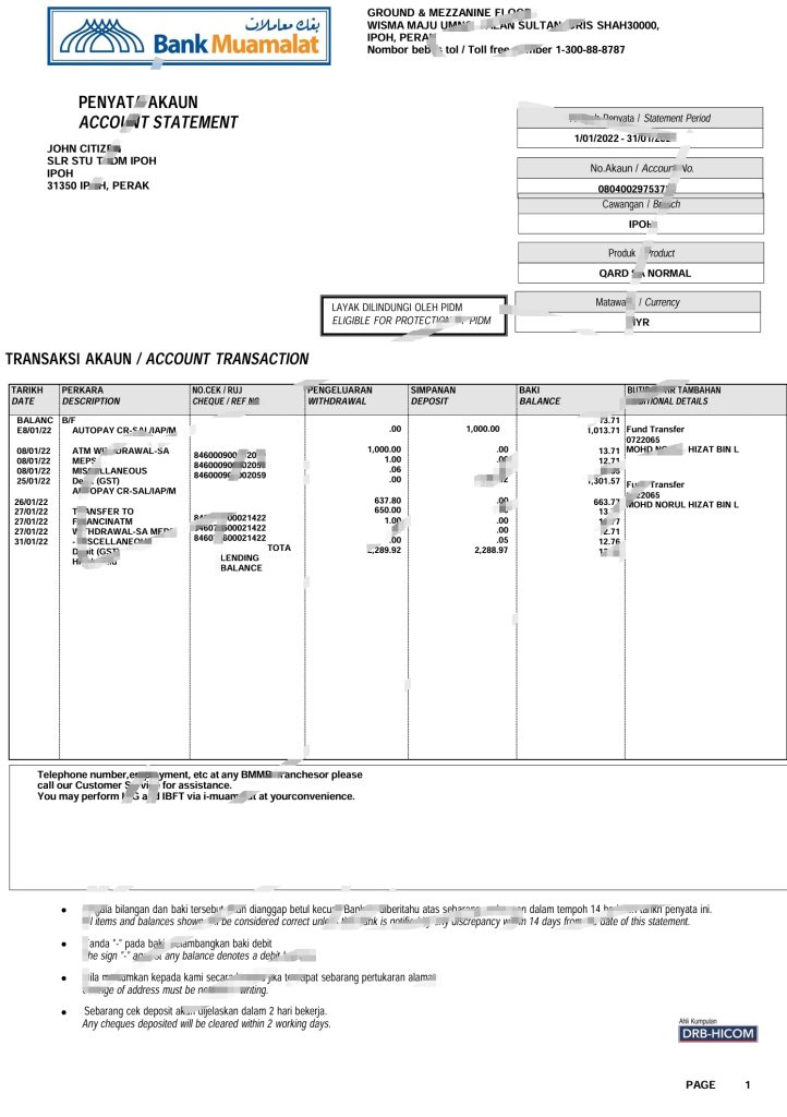 马来西亚银行 Muamalat 银行账户对账单 Word 和 PDF 模板