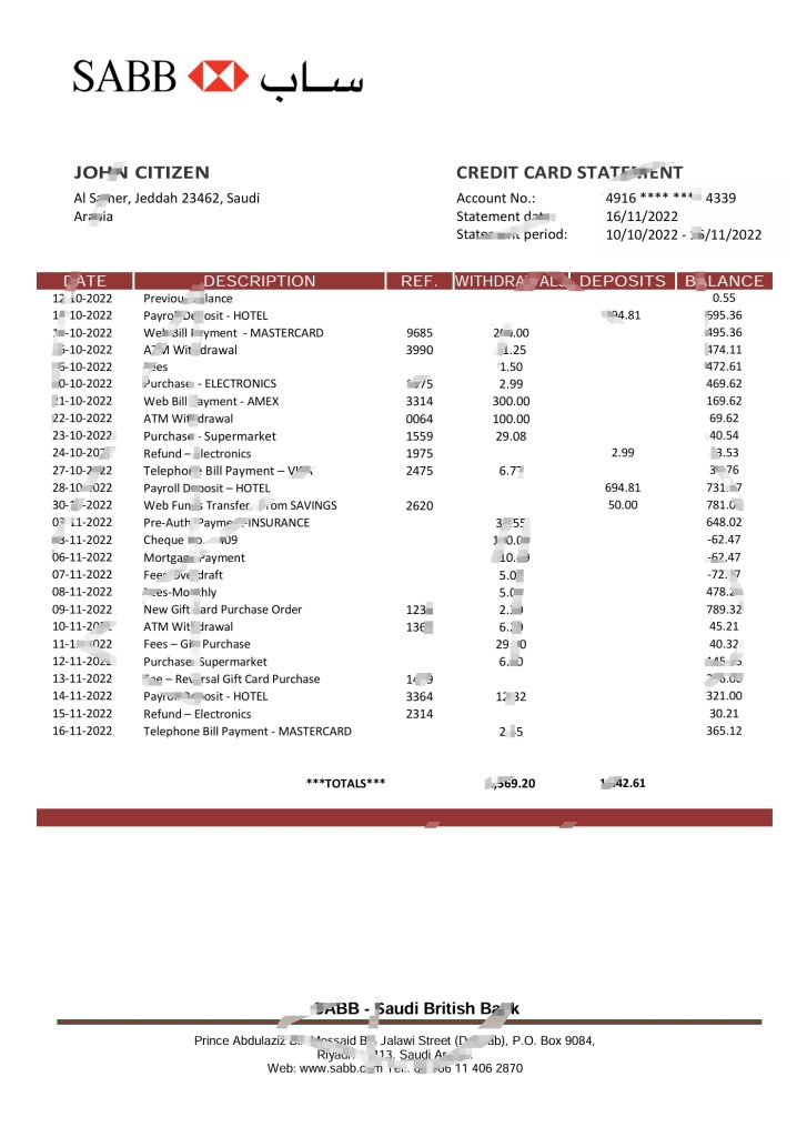 沙特阿拉伯 SABB 银行对账单模板
