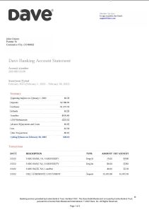 美国 Dave 银行账户报表 Word 和 PDF 模板（共5 页只展示首页）USA Dave Bank Account Statement Word And PDF Template (5 pages)-帮司令