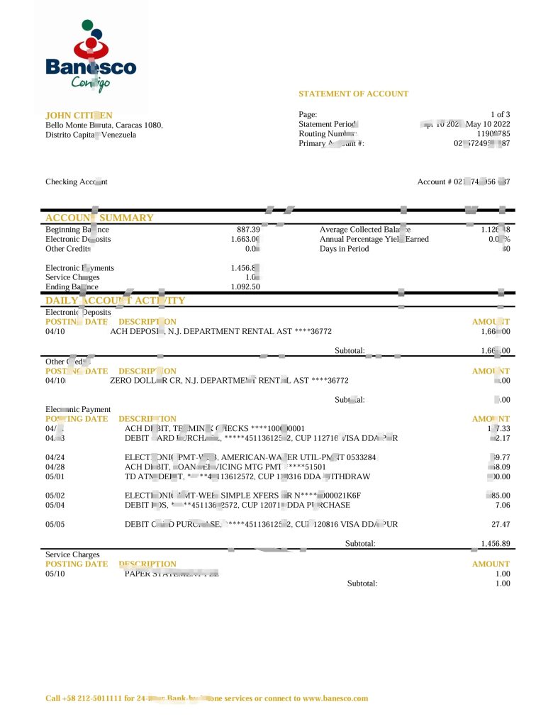 委内瑞拉 Banesco 银行对帐单模板