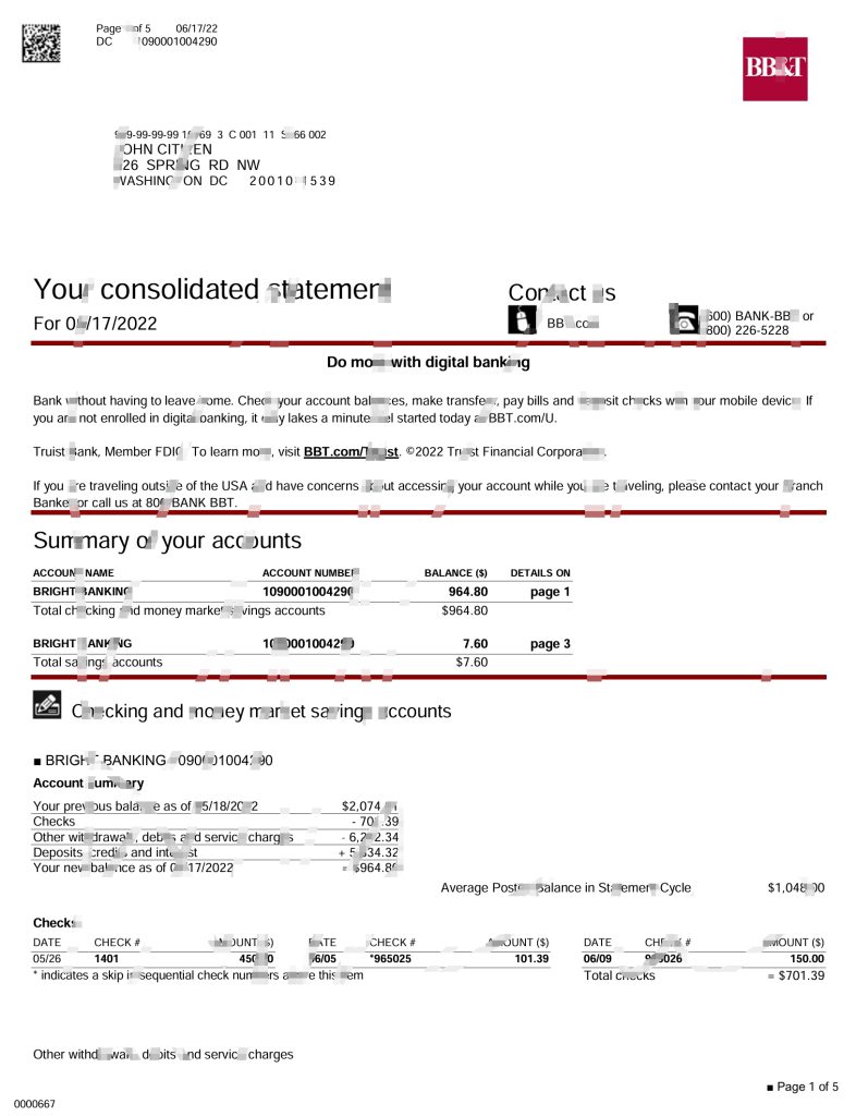 美国华盛顿 BB&T 银行对帐单 Word 和 PDF 模板（5 页）