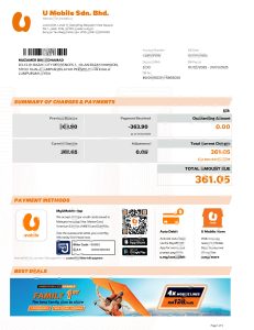 马来西亚手机账单来自 U Mobile 模板，以 word 和 PDF 格式呈现Malaysia mobile phone bill from U Mobile Template in word And PDF Format-帮司令