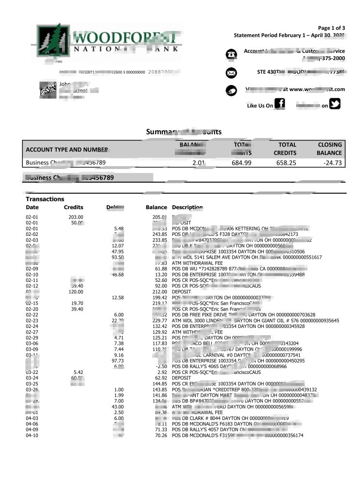 美国Woodforest银行对账单模板