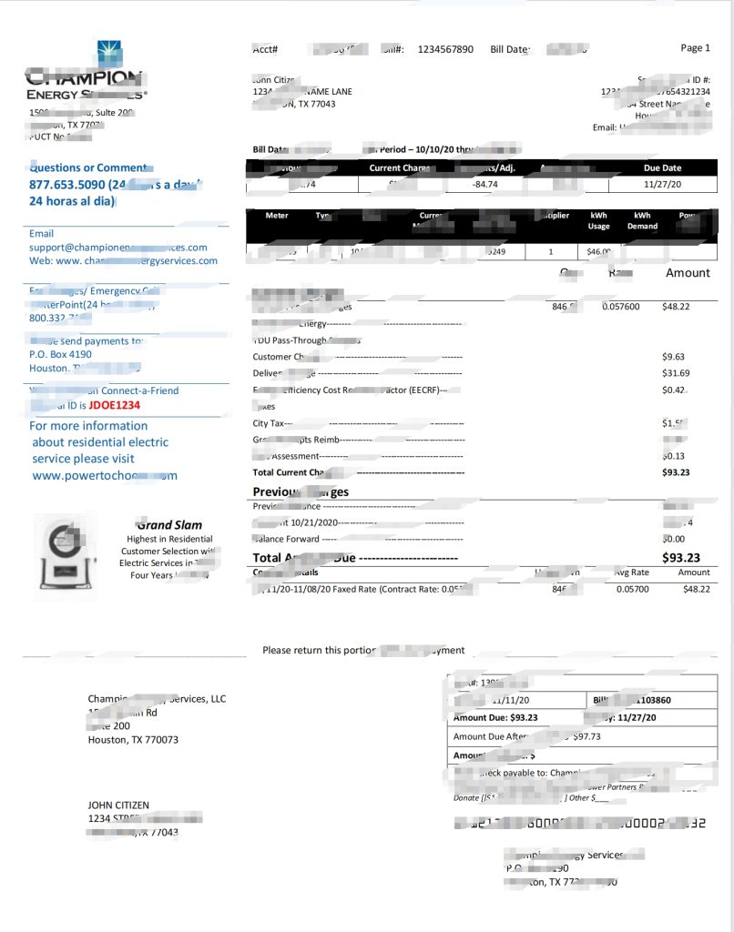 美国德克萨斯州冠军能源服务公司地址证明水电费账单模板