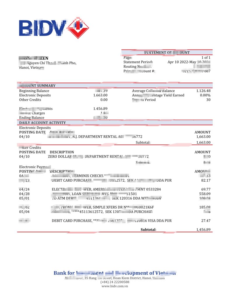 越南 BIDV 银行对账单模板