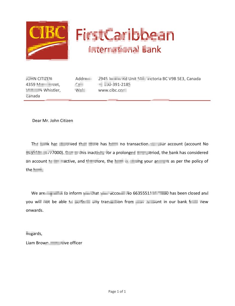 加拿大 CIBC 银行账户关闭推荐信模板