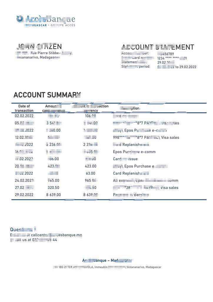 马达加斯加 Acces Banque 银行对账单模板